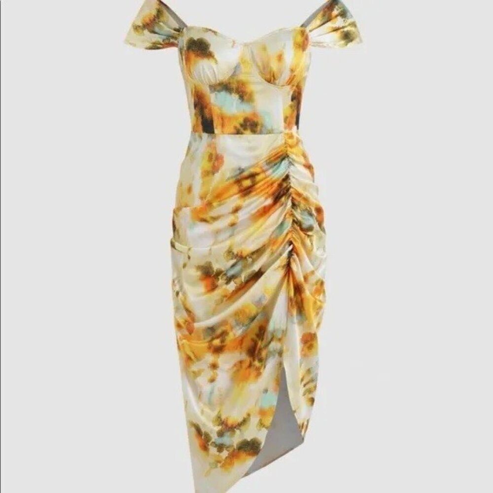 NWT Cider Dress Bustier Satin Ruched Yellow Tie Die Midi Dress Womens Size XL - Picture 2 of 11